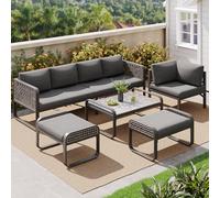 YAIXBNG Set di mobili da giardino in rattan per 6-7 persone, divano ad angolo con struttura in ferro zincato, gambe regolabili, incluso tutto il cuscino per seduta e schienale, grigio