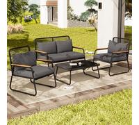 YAIXBNG Set salotto da giardino per 4 persone, con struttura in ferro zincato, piano in vetro temperato, gambe regolabili, incluso tutto il cuscino per seduta e schienale, colore: nero