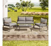 YAIXBNG Set salotto da giardino per 4 persone, con struttura in ferro zincato, piano in vetro temperato, gambe regolabili, incluso tutto il cuscino per seduta e schienale, grigio