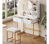 YAIXBNG Tavolo da toeletta moderno con illuminazione a LED, specchio girevole e prese, con sgabello e gambe in metallo dorato, 2 cassetti + 2 ripiani aperti, bianco, dimensioni: 80 x 138,5 x 40 cm