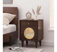 Yajuer Set Di 2 Comodini, Comodini In Rattan, Comodini con Cassetto Decorato In Rattan, Comodino In Legno per Comodini Da Camera Da Letto E Piccoli Spazi(Walnut)