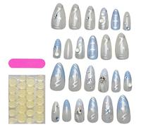 yakermur Glue estive sulle unghie, colla blu sulle unghie - 24 pezzi Stick a copertura completa sulle unghie,Pignoni artificiali fatti in casa con trucco francese, donne Hand Beauty for