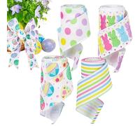 yakermur Nastro cablato pasquale, nastro di primavera per ghirlande - 4 di tessuto fatti a mano per artigianato mazzi di fiori - uova di coniglio Patterns Festival KeepSake Imballaggio Stracts