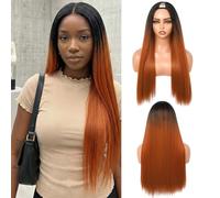 Yaki OM350, Parrucca liscia con parte a V, capelli sintetici lisci e setosi, senza colla, resistenti al calore, morbidi come capelli umani, per donne di colore (OM350, 24)