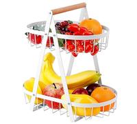 YAKLEE Cesto di Frutta a 2 Livelli Staccabile in Metallo Con Manico in Legno - Per Frutta e Verdura - Con Cacciavite per Casa, Cucina, Ufficio