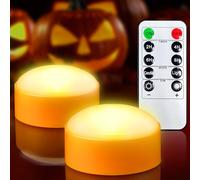 Yakpo Confezione da 2 luci a LED a forma di zucca di Halloween, con telecomando e timer, funzionamento a batteria, arancione elettrico, senza fiamma, candele senza fiamma per decorazioni a zucca