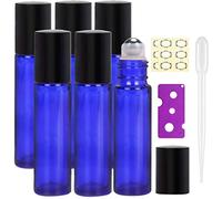 Yalbdopo, 6 flaconi da 10 ml, ricaricabili, in vetro blu cobalto con coperchi neri, 12 etichette, contagocce e apribottiglie inclusi, perfetti per fragranza, aromaterapia