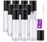 Yalbdopo Bottiglie roll-on per oli essenziali, 10 pezzi, 10 ml, ricaricabili, in vetro trasparente, con coperchio nero, 12 etichette, contagocce e apribottiglie inclusi, perfette per profumi,