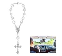 YALiya Ciondolo per Auto con Angelo Custode per Specchio, Collana Rosario Croce Cattolica, Rosario Corto per Auto per Uomo e Donna, Perle Preghiera Regalo Argento Chiusura per Amuleti Visiera Auto