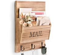 Yallmie Organizer per Posta da Parete, Portalettere da Muro a 2 Fessure Organizer da Parete in Legno con 3 Ganci per Chiav Portachiavi e Portalettere da Parete in Legno Decorazioni per Ingresso Casa