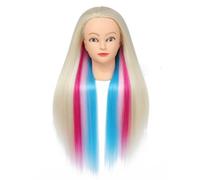Yamel Testa di manichino da allenamento con supporto a morsetto, testa da parrucchiere per addestramento, lunga 50 cm, bionda con magenta, rosa, azzurro, per esercitarsi con capelli per bambini
