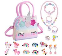 Yamitora Unicorno borsetta e set di gioielli regalo per ragazze 3-9 anni collana bracciale regalo regalo compleanno giocattolo unicorno regalo per ragazze 3 4 5 6 7 8 9 anni, misura unica, Poliestere
