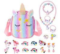 Yamitora Unicorno borsetta e set di gioielli regalo per ragazze 3-9 anni collana bracciale regalo regalo compleanno giocattolo unicorno regalo per ragazze 3 4 5 6 7 8 9 anni, misura unica, Poliestere