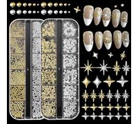 Yamobi 2 scatole di ciondoli per unghie in oro e argento, in lega 3D, a forma di stella, a cinque punte, con brillantini, per unghie