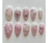 Yamobi 24 pezzi Press on Nails Almond, Soft Gel unghie finte con perle 3D, bianco nudo francese 3D Bow Fiocco Fiocco Fiore Stick on Nails Mandorla Fresca Artificiale