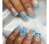 Yamobi 24 unghie artificiali con fiori blu - corte quadrate per donne con punta francese e design con strass dorati, per la primavera e l'estate