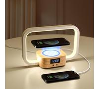 YAMYONE Lampada da Comodino con Caricatore senza Fili & Ricarica USB, Lampada da Tavolo 5 Colori Dimmerabile Continuo, Luce Notturna in Legno Display con Orologio a 3 Luminosità per Camera