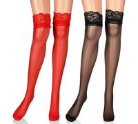 YanBous 2 Paia di Calze Autoreggenti da Donna con Banda in Pizzo e Silicone Antiscivolo, Calze di Seta Nere, Calze a Coscia in Pizzo Rosso, Collant Trasparenti (Nero/Rosso)