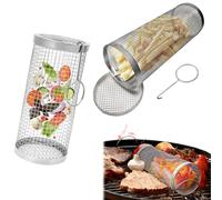 YanBous 2 pezzi Cestini per Grigliata BBQ, 24 cm × 10 cm, con due ganci, Cilindrico, Acciaio Inossidabile, Perfetti per Pesce, Carne, Verdure