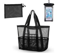 YanBous Set da spiaggia 3 pezzi in nero, Include una borsa da spiaggia con zip, una custodia impermeabile per cellulare e una borsa per gioielli - Perfetto per le giornate di sole in spiaggia.