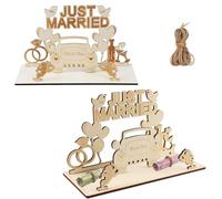 YanBous Set di 2 Regali di Matrimonio in Legno "Just Married": Decorazione da Tavolo Personalizzata per Neo Sposati, Regalo di Denaro per Matrimonio