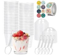 YancLife 50 Pezzi Mini Coppette da Dessert, 210ml Bicchierini Finger Food con Coperchio, Cucchiaio e Adesivi, Riutilizzabile Tazze da Dessert Trasparenti per Budini, Mousse, Gelati, Compleanni, Festa