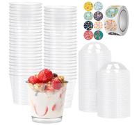 YancLife 50 Pezzi Mini Coppette da Dessert, 210ml Bicchierini Finger Food con Coperchio, Cucchiaio e Adesivi, Riutilizzabile Tazze da Dessert Trasparenti per Budini, Mousse, Gelati, Compleanni, Festa