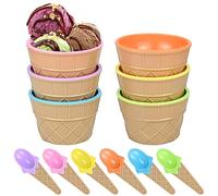 YancLife Set di 6 ciotole per gelato e dessert con cucchiai abbinati, riutilizzabili, stile waffle, stoviglie multicolore per feste in famiglia, barbecue, picnic, macedonia di frutta, snack