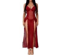 Yancremio Camicia da Notte da Donna Sexy con Scollo A V Profondo in Pizzo Trasparente Camicia da Notte Sexy con Spacco Laterale Adatta per La Notte di Nozze E Il Primo Appuntamento (Vino,XXL)