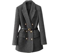 Yancremio Elegante da Donna retrò Business Casual Ufficio Professionale Blazer Primavera E Autunno Classico Doppio Petto Blazer A Maniche Lunghe con Cintura (Grigio Scuro,M)