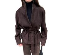 Yancremio Moda Retrò Da Donna Classico Risvolto Bottone Camoscio Giacca A Maniche Lunghe Primavera E Autunno Elegante Business Casual Cappotto Corto Con Cintura (Marrone,L)