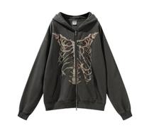 Yancremio Oversize Gotico retrò Scheletro Modello Stampa Felpa con Cappuccio Y2k Moda Sciolto Casual Sport All'aperto Cerniera Harajuku Felpa con Cappuccio (Grigio Scuro,L)