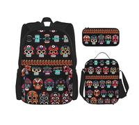 YANDM Molti Cool Retro Skull Head Graphics Backpack 3 Pcs Set Viaggio Escursionismo Leggero Laptop Pencil Case Borsa termica per il pranzo per le donne, Stampa teschio messicano, Taglia unica