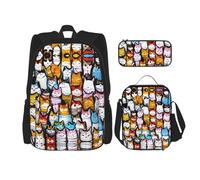 YANDM Molti Cool Retro Skull Head Graphics Backpack 3 Pcs Set Viaggio Escursionismo Leggero Laptop Pencil Case Borsa termica per il pranzo per le donne, Molti gatti dei cartoni anim, Taglia unica