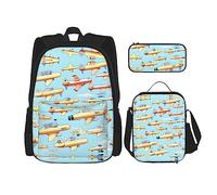 YANDM Molti Cool Retro Skull Head Graphics Backpack 3 Pcs Set Viaggio Escursionismo Leggero Laptop Pencil Case Borsa termica per il pranzo per le donne, Molti piccoli aeroplani dei cartoni animati,