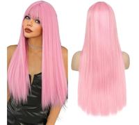 YANG11FAN Parrucca da donna, set di capelli lunghi e lisci con frangia, adatta per l'uso quotidiano in feste e matrimoni (rosa)