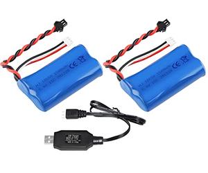 Yangers Confezione da 2 batterie ricaricabili agli ioni di litio da 7,4 V, 1500 mAh, 15 C, SM-2P, con caricabatterie USB, set per auto radiocomandate, fuoristrada, camion, ponticello, veicolo Wltoys
