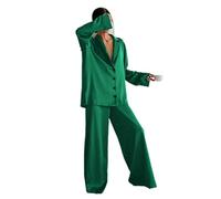 YANGQI Oversize raso seta pigiami sexy taglio basso per le donne monopetto maniche lunghe pantaloni gamba larga pantaloni tuta-verde, M