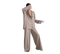 YANGQI Oversize raso seta pigiami sexy taglio basso per le donne monopetto maniche lunghe pantaloni gamba larga pantaloni tuta-marrone chiaro, XL