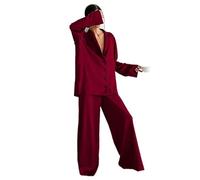 YANGQI Oversize raso seta pigiami sexy taglio basso per le donne monopetto maniche lunghe pantaloni gamba larga pantaloni tuta-rosso, L