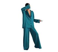 YANGQI Oversize raso seta pigiami sexy taglio basso per le donne monopetto maniche lunghe pantaloni gamba larga pantaloni tuti-verde chiaro, M