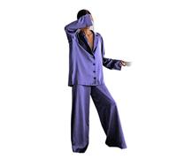 YANGQI Oversize Raso Seta Pigiami Sexy Taglio Basso Pigiama Per Le Donne Singolo Petto Maniche Lunghe Pantaloni Larghi Pantaloni Completi-Viola,S