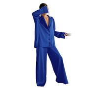 YANGQI Pigiama oversize in raso di seta a taglio basso sexy per donne monopetto maniche lunghe a gamba larga completo-Blu, L