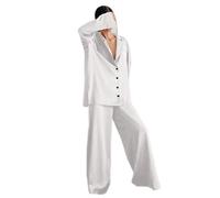 YANGQI Pigiama oversize in raso di seta taglio basso sexy pigiama per le donne monopetto maniche lunghe pantaloni a gamba larga pantaloni tuti-bianco, M