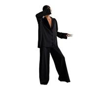 YANGQI Pigiama oversize in raso di seta taglio basso sexy pigiama per le donne monopetto maniche lunghe pantaloni a gamba larga pantaloni tuti-nero, M