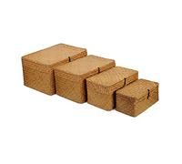 YANGQIHOME Cestini Portaoggetti in Vimini con Coperchio, Cestino Rattan Rettangolare, Cestini Intrecciato per Scaffale, Set di 4