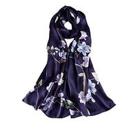 Yangtze Store Sciarpa lunga in seta stampata digitale con stampa floreale, Motivo floreale blu navy., 67" x 20"