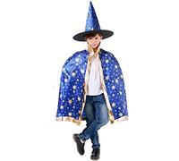 YANGWEN Mantello da Strega di Halloween,Mantello da Strega del Capo del Mago con Cappello, Puntelli per Costumi di Halloween per Feste di Cosplay per Bambini (Blu)