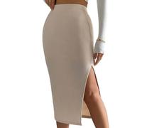 Yanhalo Gonna a tubino da donna a vita alta, aderente, con spacco laterale elastico in maglia sotto il ginocchio, Beige, S