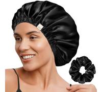 YANIBEST Cappa di seta a doppio strato per dormire, cappuccio regolabile per donne con capelli naturali ricci, Nero , Taglia unica